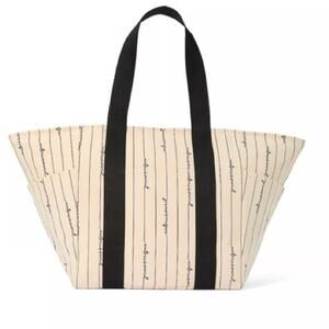 Victoria's Secret NWT Secret Script Logo Pinstripe Large Canvas Bag Cream Black